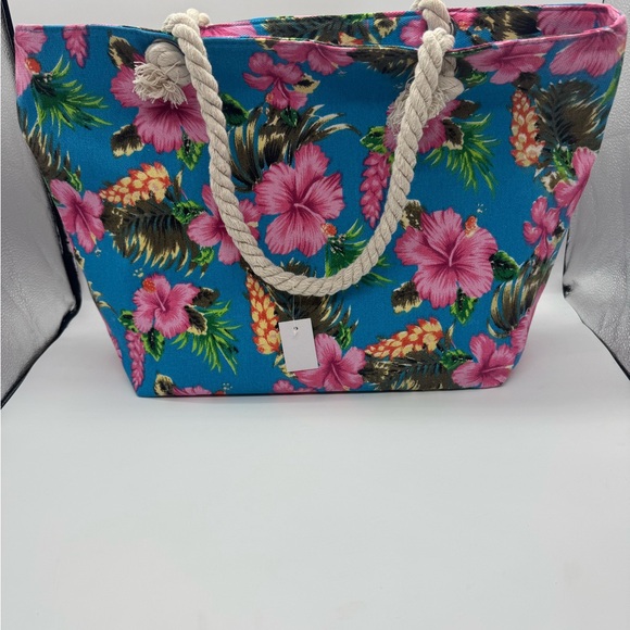 Hibiscus Canvas Rope Beach Tote Bag - Picture 2 of 3
